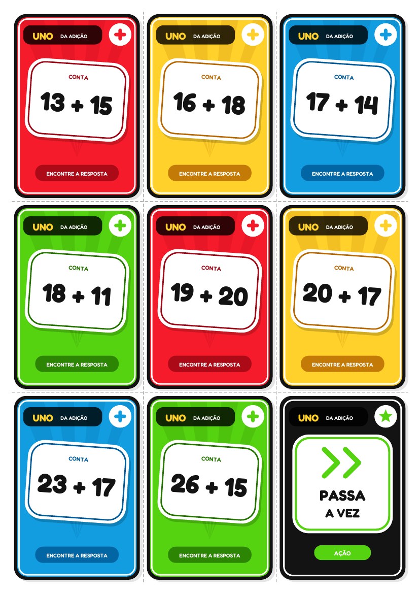 Cartas de continhas do Kit Uno da Adição