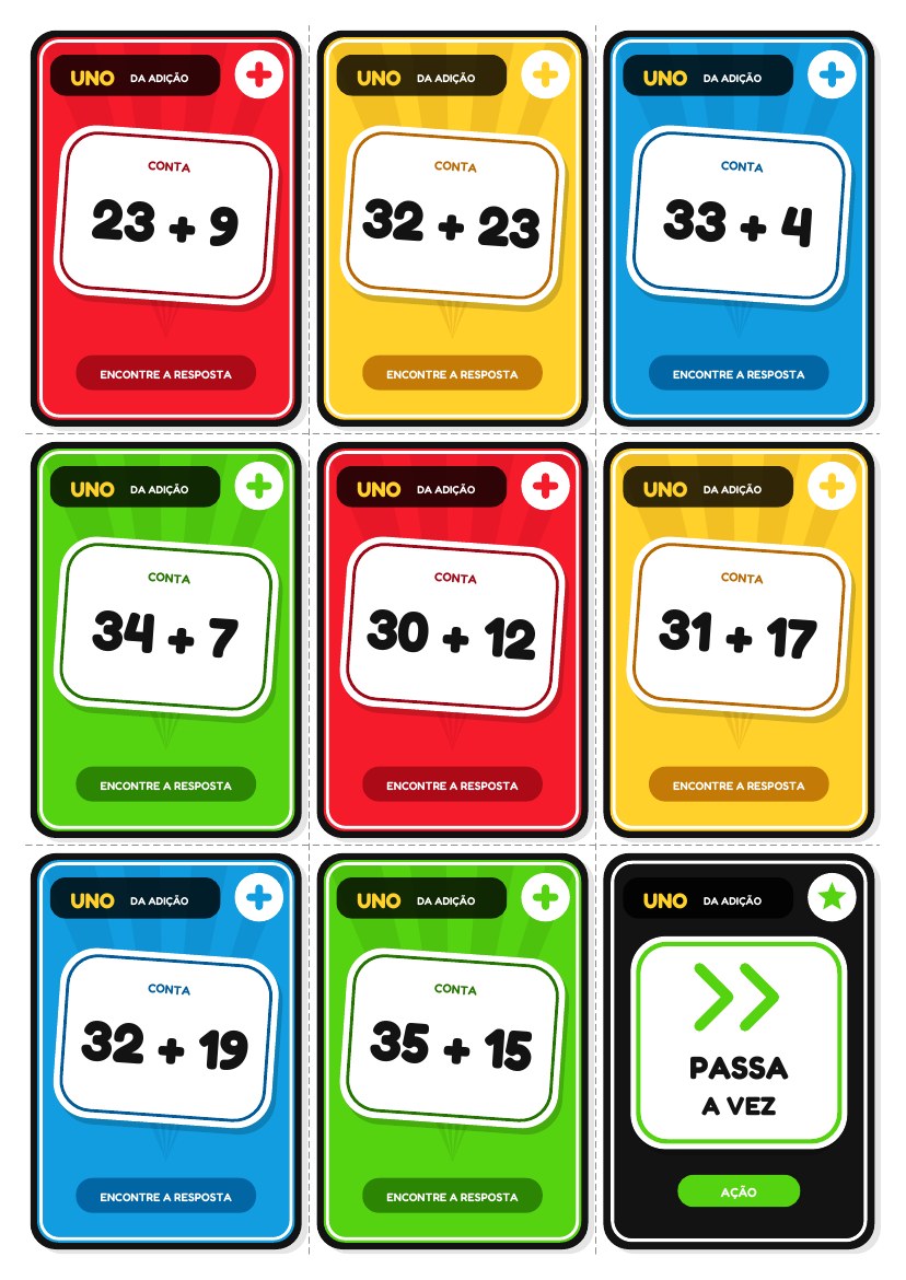 Cartas de continhas do Kit Uno da Adição