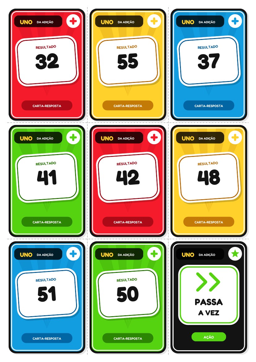Cartas de respostas do Kit Uno da Adição