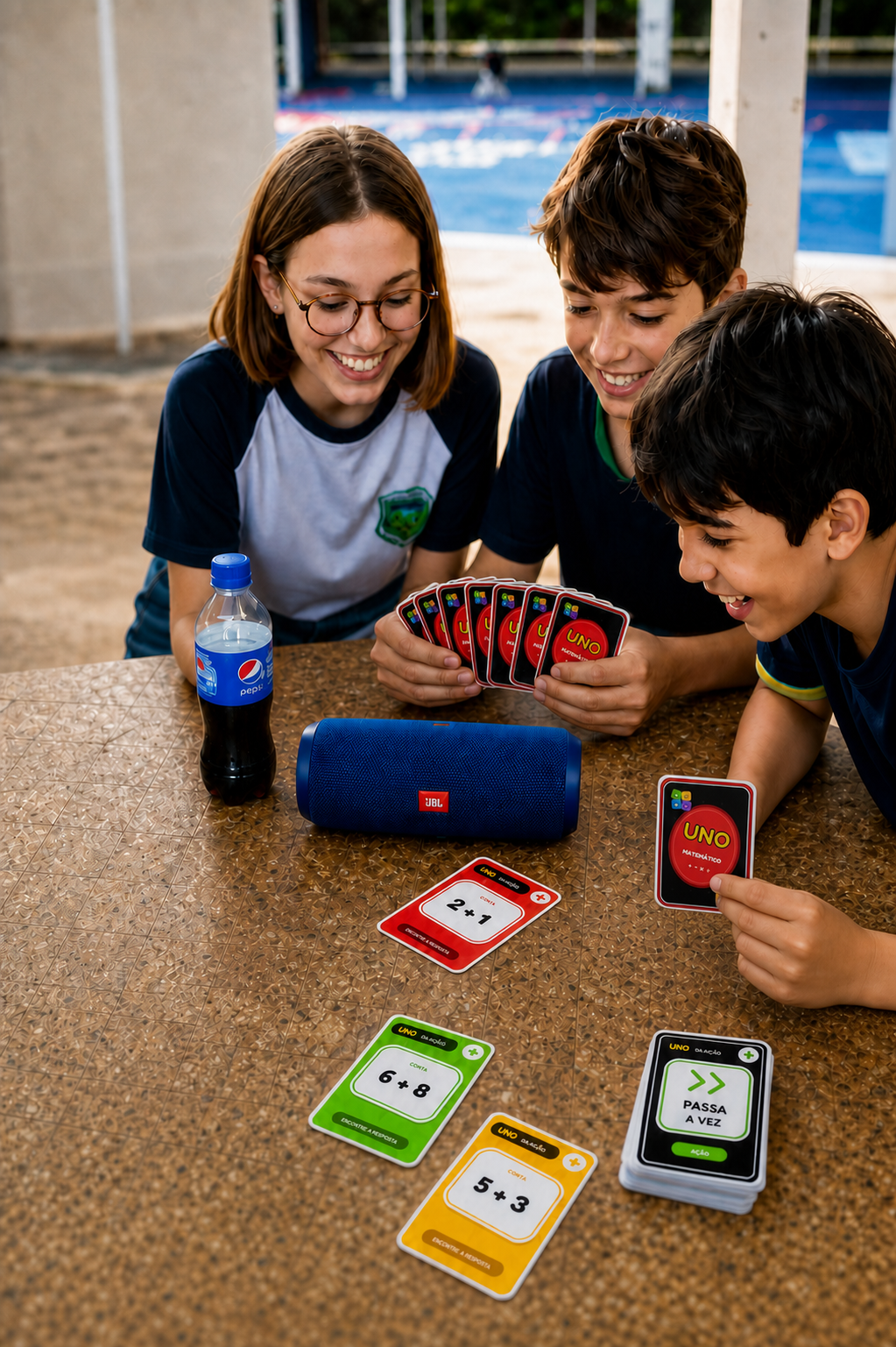 Crianças jogando com as cartas reais do Kit Uno da Adição